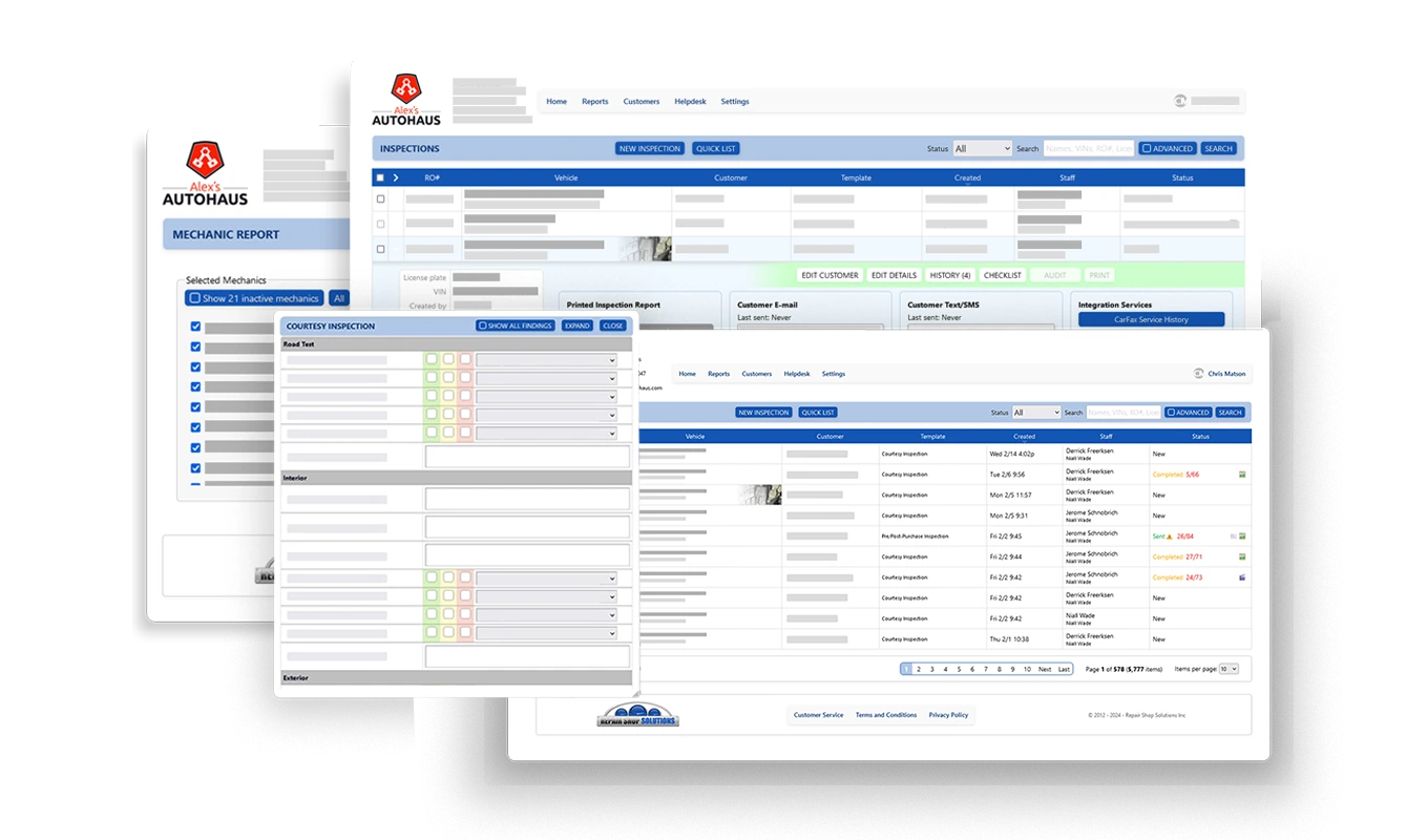 RSS inspections and mechanic report interface